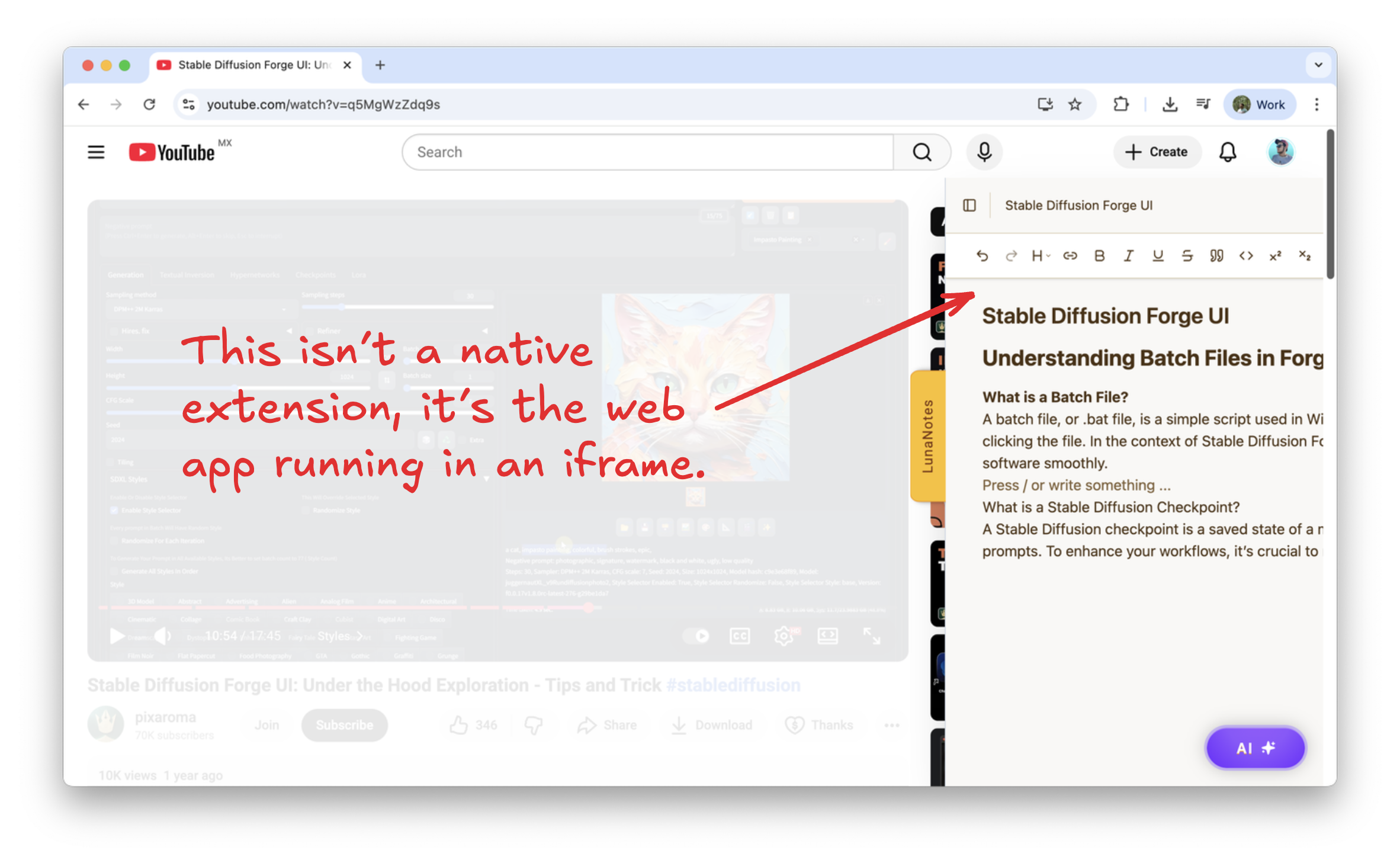 LunaNotes side panel interface showing a rich text editor for taking notes while watching YouTube videos, with AI-powered features and note organization