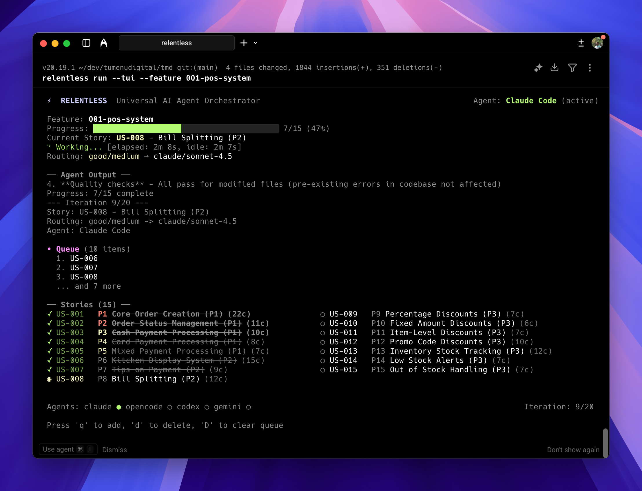Relentless TUI showing task progress and task list
